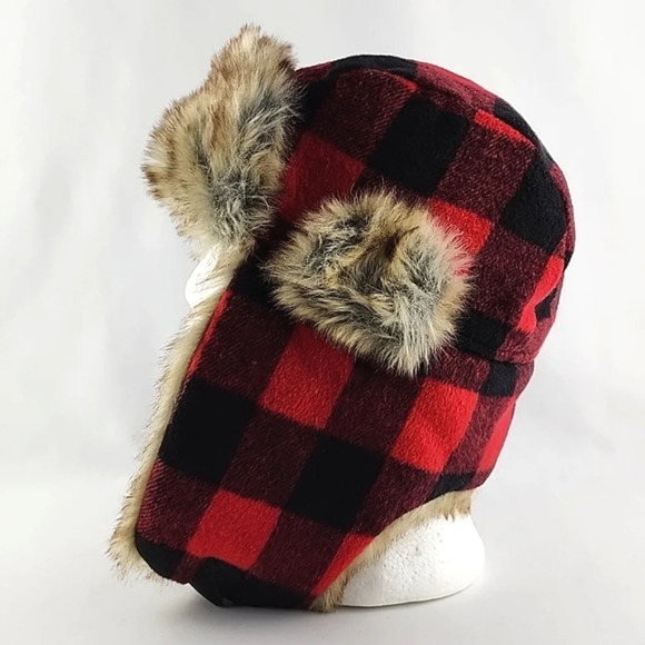 Old Navy Red Black Cherckered Trapper Winter Hat Faux Fur Size L - XL - Picture 6 of 10